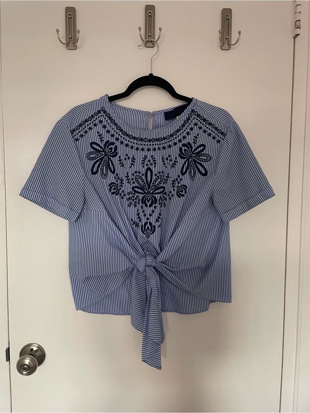 Francesca's Blue & White Striped Tie-Front Embroidered Top
